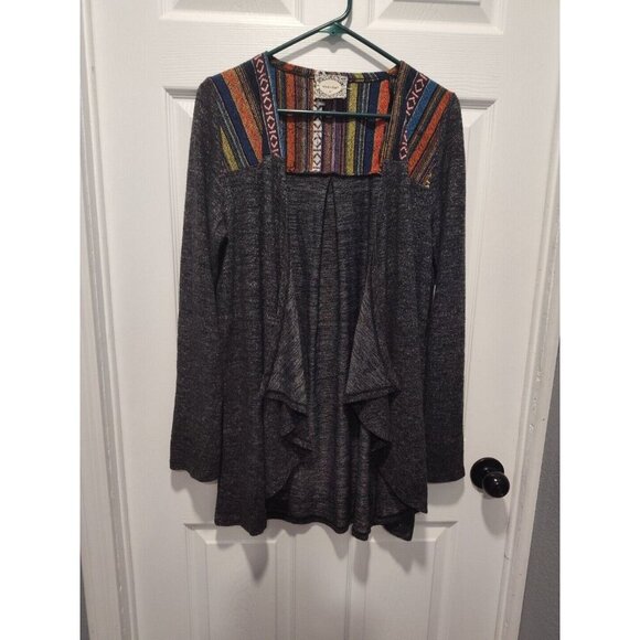 Skonhet Draped Front Open Cardigan Sweater Size XLarge Gray Long Sleeves Stripes - Picture 12 of 12